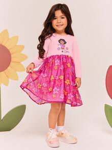 DORA | SHEIN Vestido de niña con cuello redondo, contraste de malla y vuelo, con gráfico de dibujos animados, color rosa - Rosa - Ver 1