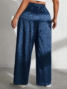 EMERY ROSE 大码女式抽绳腰豹纹阔腿宽松裤 - 藏蓝色 - 查看 2