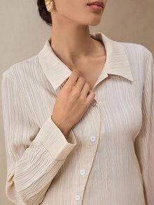 Graceveil 2 件女式杏色纹理不对称纽扣设计长袖衬衫和宽松长裤套装，秋冬 - 杏色 - 查看 5