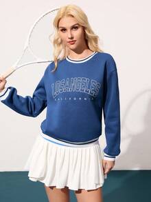 CourtClass Hanorac cu mânecă lungă și croială lejeră pentru femei, cu imprimeu de litere și umeri căzuți - Albastru - Vizualizare 5