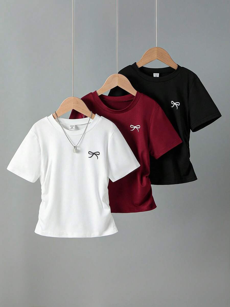 3pcs Girls' Bow Print Waist Short Sleeve T-Shirts, Grey, Pink, Black - Burgundy - View 1