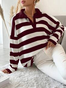 EURMUSE Plus Size White Pattern Drop Shoulder Polo Neck Drop Shoulder Sweater Back-To-School Formal Graduation Autumn Casual - Burgundy - View 3