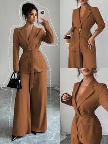 Selianne 2025春秋新款时尚优雅休闲/办公室通勤金属扣腰长袖外套+直筒宽松阔腿裤西装套装 - 棕色 - 查看 1