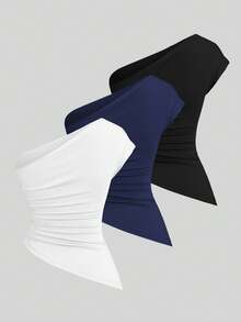 Sweetra Women's Elegant Asymmetric-Shoulder Ruched Asymmetric Blouse Set - Multicolor - View 2