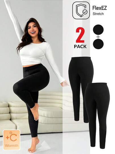 Solflare 2pcs Plus Size Women's Casual Solid Color Flare Pants,Knitted High Elastic Thermal Lined Warm Tight Fit Pants,Skin-Layer Clothing, Lightweight,Autumn/WinterModify The Body Shape, Slim, Unique Waist Design, Versatile Bell Bottom Pants,Black,Fall,Back To School,Business Casual,Office Outfits,Work,Teacher,Fall Clothes For Women Plus Size Plus Size Tights Black Plus Size Leggings Black Leggings