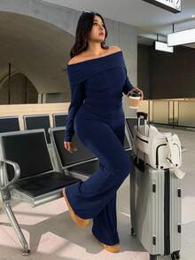 SHEIN EZwear Conjunto de 2 piezas de talla grande casual y de uso doméstico, minimalista, con hombros descubiertos y acanalado - Azul Marino - Ver 4