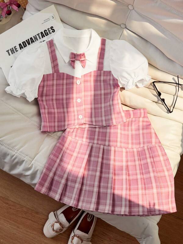 SHEIN 3pcs/Set Girls' Spring/Summer JK Style Plaid Shirt, Pleated Skirt, Sweet & Spicy 2pcs Outfit, Suitable For Travel And Performance