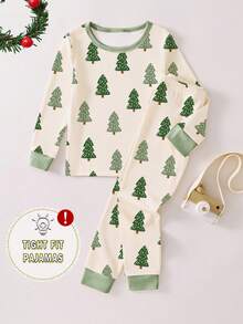 1 Set Young Boys Christmas Tree Print Snug Fit Pajama Set, Long Sleeve Top And Pants, Elastic Fabric, Suitable For Daily Wear Toddler Boy Pj Sets Kids Pj Sets Young Boy Pajama Set 2 Piece Pajamas Kids Christmas Pajama Tight Fit Snug Fit Pajamas - Apricot - View 3