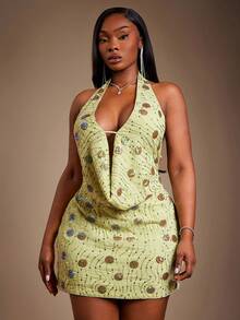 SHEIN SXY Plus Size Women's Sequin Embroidered Shiny Fabric Deep Draped Neck Fitted Mini Dress, Suitable For Banquet, Party