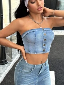 SHEIN Unity Atasan Bustier Denim Wanita Model Crop Fit dengan Desain Kancing Y2K yang Modis - Biru - View 5