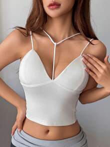 DAZY 女士吊带背心，内置衬垫胸罩，细肩带设计 - 白色 - 查看 4