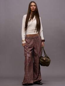 MUSERA Pantalones de pierna ancha con detalles de bolsillo con parche de tachuelas a cuadros, cintura elástica, para salir de noche, streetwear, lindos, de vuelta a la escuela, sexy