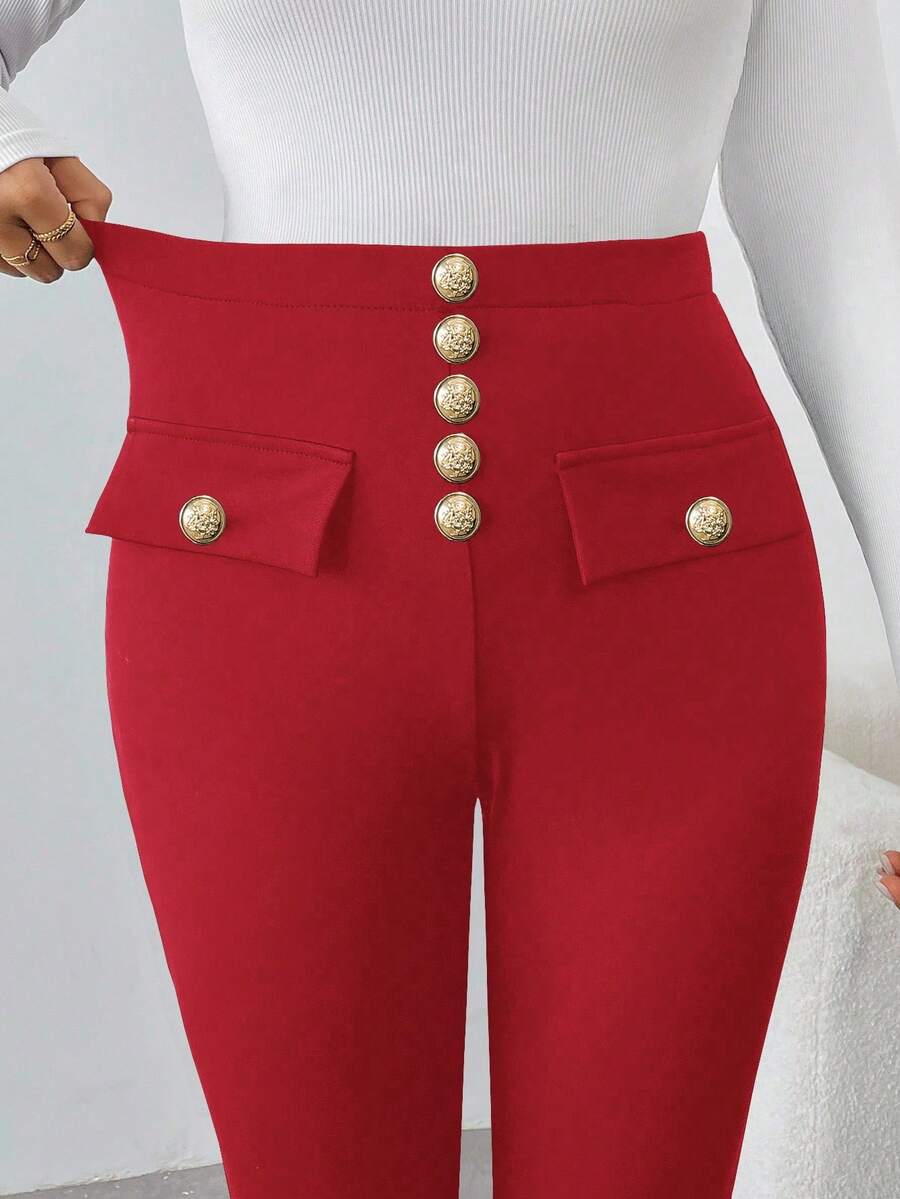 EMERY ROSE Pantalones ajustados de moda con diseño de botones de metal de unicolor para mujer - Rojo - Ver 1