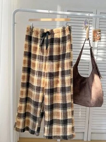 SHEIN EZwear 秋冬大码休闲格子珊瑚绒抽绳裤 - 彩色 - 查看 8