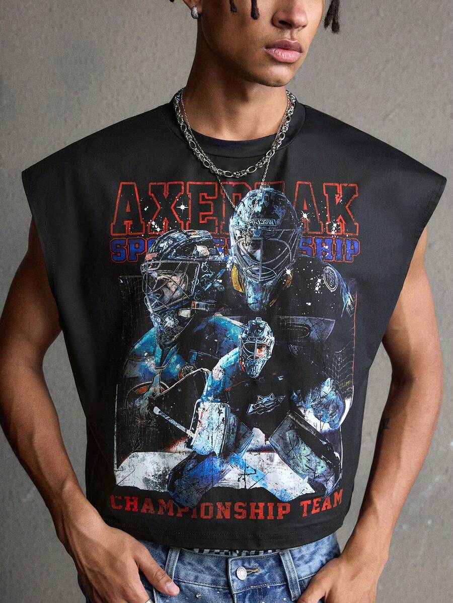 AXEPEAK Camiseta de tirantes con gráficos de hockey americano y ajuste holgado para hombre - Negro - Ver 1