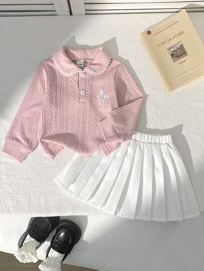 Souflis Souflis 2pcs/Set Baby Girls Elegant Cute Jacquard Textured Cable Knit Long Sleeve Polo Collar Cardigan Top And Elastic Waist Pleated Skirt Set, Suitable For Commuting, School, Casual, Vacation, Sports, Home, 6M-3T, Children Clothing, Infant Apparel, Back To School, Collegiate Style, All Season