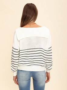 Coeurva 秋冬条纹水手领落肩毛衣、长袖上衣 - 白色 - 查看 2