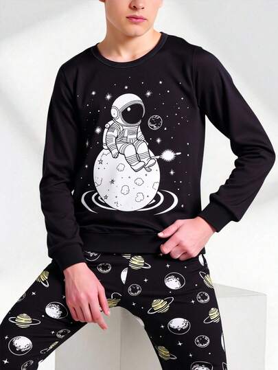 SHEIN 2pcs Tween Boy Astronaut Print Crew Neck Long Sleeve Top And Pants Comfortable Loungewear Set