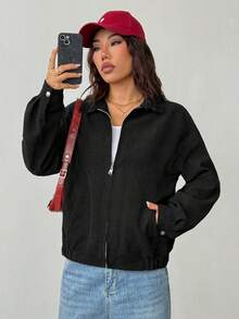 SHEIN EZwear Women's Casual Retro Front Zipper Corduroy Fabric Loose Jacket, Suitable For Autumn/Winter, Old School