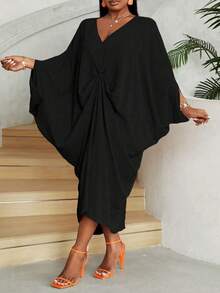 SHEIN CURVE+ 大码女式 V 领蝙蝠袖褶皱宽松优雅连衣裙，春秋季 - 黑色 - 查看 6