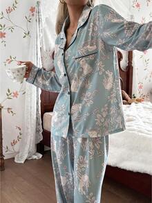 CottageSlumber Floral & Rabbit Print Long Sleeve Top & Pants Pajama Set With Collar, Fall Winter Clothes - Green - View 4