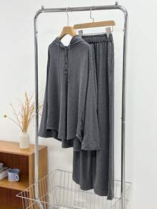 DAZY Women Solid Color Drawstring Hooded Long Sleeve Top And Pants 2Pcs Set, Casual For Autumn Lounge Sets For Women - Dark Grey - View 3