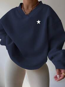 INAWLY 大码女式休闲宽松长袖运动衫 - 藏蓝色 - 查看 1