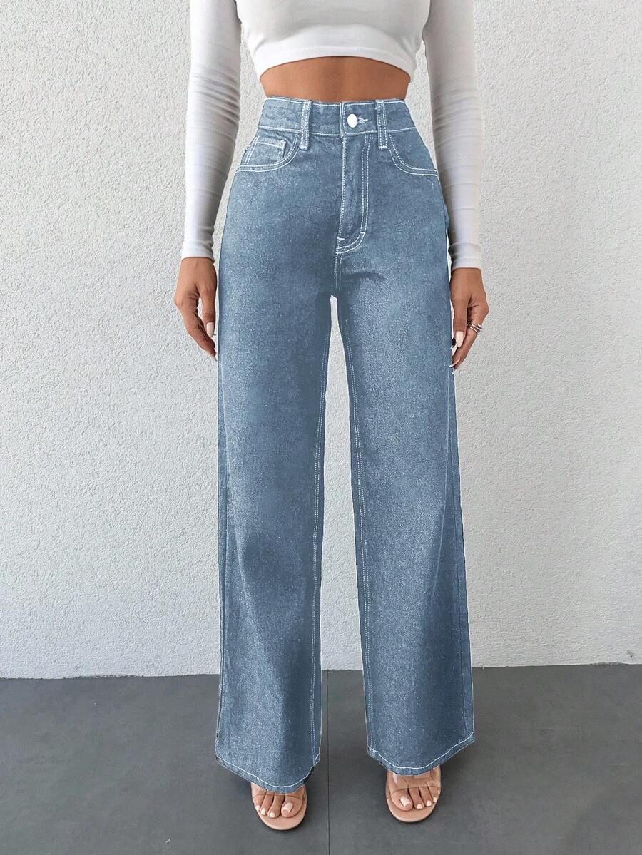 SHEIN 女式高腰口袋阔腿宽松休闲百搭牛仔裤 - 淺色水洗藍 - 查看 1