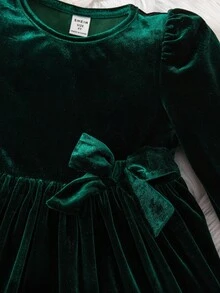 Váy dài tay dệt kim nhung xanh thanh lịch cho bé gái - màu xanh lá - Xem 3