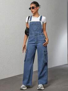 SHEIN PETITE Casual Washed Straight Leg Denim Bib Overalls - Light Wash - View 1
