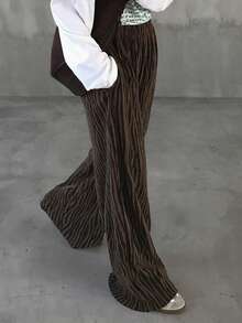 FRIFUL 女式休闲斑马纹松紧腰斜口袋宽松裤，秋季 - 棕色 - 查看 2