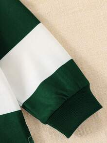 SHEIN Explorewe 小男孩条纹撞色领针织休闲宽松复古美式长袖 Polo 衫，适合上学和日常穿着 - 墨綠色 - 查看 3