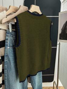 Franclia 女式休闲宽松圆领无袖针织撞色边卡其色毛衣上衣，春秋季 - 軍綠色 - 查看 2