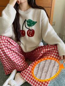 DAZY Women's Cherry Pattern Knitted Top And Plaid Pajama Pants Sleepwear Set, Winter Fall Clothes