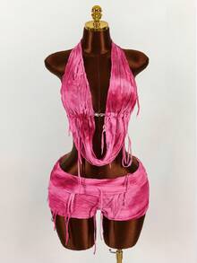 Amplova 深垂领露背短款上衣和破洞迷你短裤两件套 - 玫紅色 - 查看 4