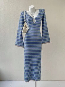 Flirla Colorblock Striped Elegant Party Women Sweater Dresses - Multicolor - View 6