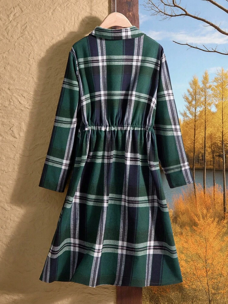 Plus Size Women Plaid Long Sleeve Single-Breasted Drawstring Waist Casual Shirt Dress Fall Clothes For Women  Winter Clothes Country Style For Women Country Outfits For Women Country Concert Outfit Winter Clothes For Women Cozy Fall And Winter Clothes For Women Christmas Party Dress