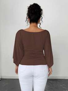 SHEIN Elenzya Áo thun cổ tròn tay chuông dệt kim co giãn cao cỡ lớn màu trơn thanh lịch dành cho nữ - Cà phê nâu - Xem 2