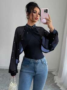 Elenzga Women's Stand Collar Elegant Chiffon Beaded Bodysuit - Navy Blue - View 4