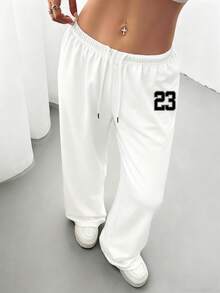SHEIN EZwear 女式休闲宽松抽绳腰运动裤，印有数字 23，适合秋冬季、日常穿着和返校季 - 白色 - 查看 3