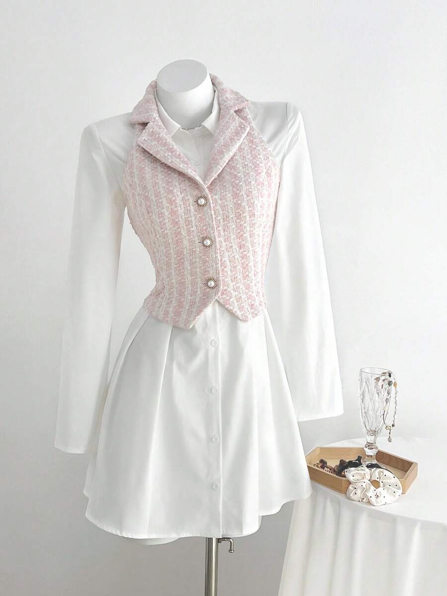 SHEIN Unity Bộ 2 món trang phục thanh lịch dành cho nữ, trang phục thường ngày/tiệc tùng/đi làm, áo vest ve áo vải tuýt phối màu và váy sơ mi dài tay, thu/đông - Nhiều màu - Xem 1