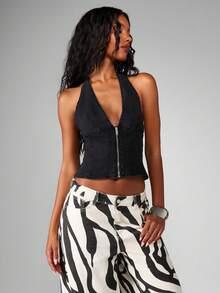 MISSGUIDED Áo corset denim cổ yếm cotton có khóa kéo phía trước, dáng ngắn không tay, lễ hội mùa hè - màu đen - Xem 3