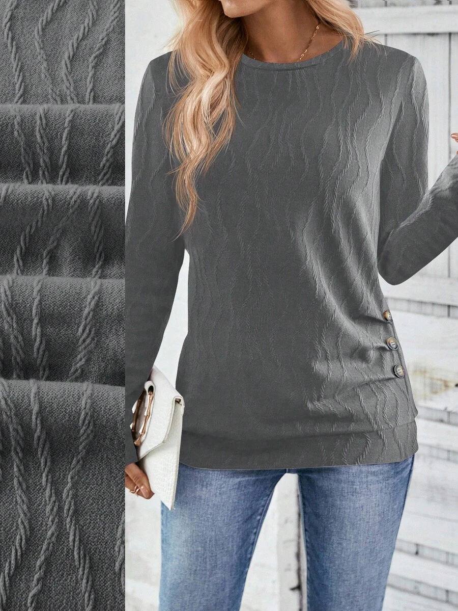 EMERY ROSE Camiseta casual de cuello redondo de manga larga con textura y diseño de botones fruncidos para mujer - Gris Oscuro - Ver 1