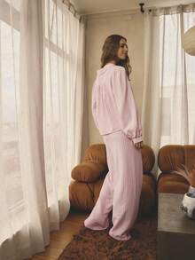 Aralina Christmas Thanksgiving Cosy Sleepwear 2pcs Striped Collared Ruffle Neck Long Sleeve Balloon Sleeve Button Down Shirt And Wide Leg Pants Matching Pajama Set, Cute Cozy Christmas Pajamas Fall Winter Clothes Pjs Pink - Pink - View 4