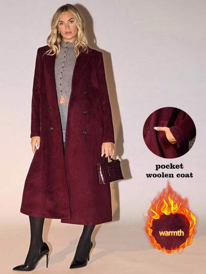 SHEIN Glamour Suit Collar Red Double-Faced Lapel Loose Pocket Jacket, Burgundy Coat, Elegant Versatile Outerwear, Casual Long Coat, Workwear Winter Edit, Vintage Statement, Blossom Vogue