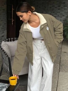 DAZY 女式宽松长袖高领拉链图案夹克 - 軍綠色 - 查看 5