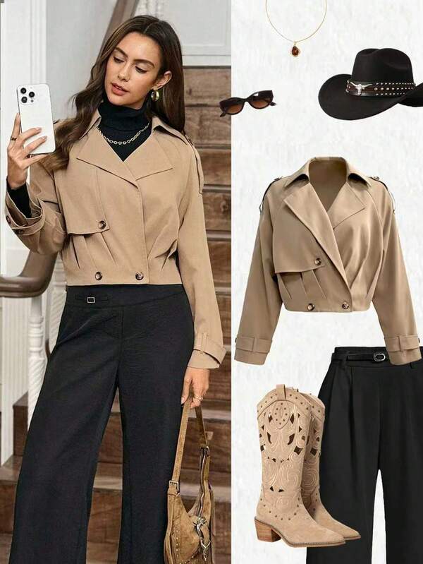 SHEIN LUNE Women's Khaki Windbreaker Jacket,Collared V-Neck Autumn Elegant Office Outerwear,Waist Pleats Fashionable Streetwear Casual Teacher-Style Coat
