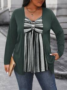 EMERY ROSE Camiseta gráfica de mujer de talla grande con diseño de rayas y bajo asimétrico 2 en 1 - Verde Oscuro - Ver 3