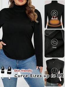 SHEIN CURVE+ Áo thun nữ tay dài cổ lọ dáng ôm màu trơn cỡ lớn cho mùa thu đông, chất liệu vải lót giữ nhiệt nâng cấp, thời trang, giản dị, thoải mái, đa năng mà không trông cồng kềnh - màu đen - Xem 1