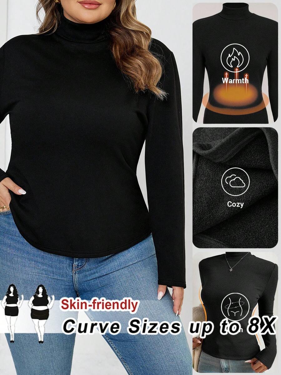 SHEIN CURVE+ Áo thun nữ tay dài cổ lọ dáng ôm màu trơn cỡ lớn cho mùa thu đông, chất liệu vải lót giữ nhiệt nâng cấp, thời trang, giản dị, thoải mái, đa năng mà không trông cồng kềnh - màu đen - Xem 1